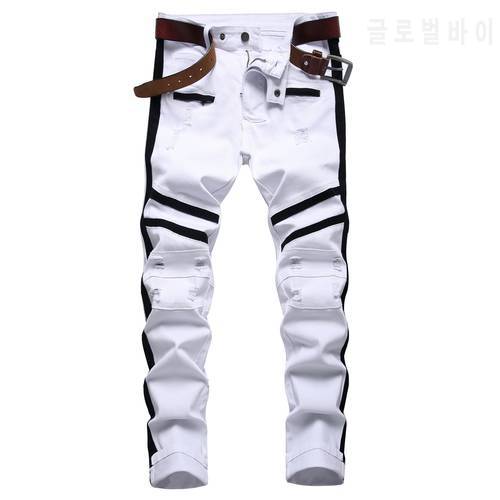 New Men White Jeans Zipper Black Frame Slim Skinny Stretch Ripped Hole Fashion Streetwear Motorcycle Biker Jeans Denim Pants