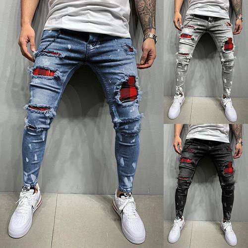 Fashion Men&39s Hole Slim pants new style men&39s paint Black/Blue/Grey Hiphop quality cotton Jeans