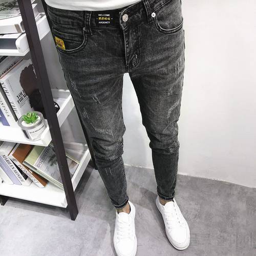 Hot Soot Grey Classic All-match Slim-fit Labeling Cat Whiskers Feet Thin Skinny Jeans Male New Spring Summer Youth Social People