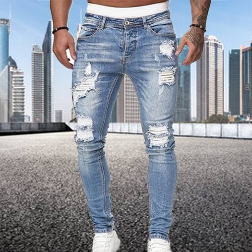Fashion Trends Men Pants Casual Slim Fit Ripped Stretch Cotton Skinny Jeans Classic Vintage Solid Color Youth Party Sports Jeans