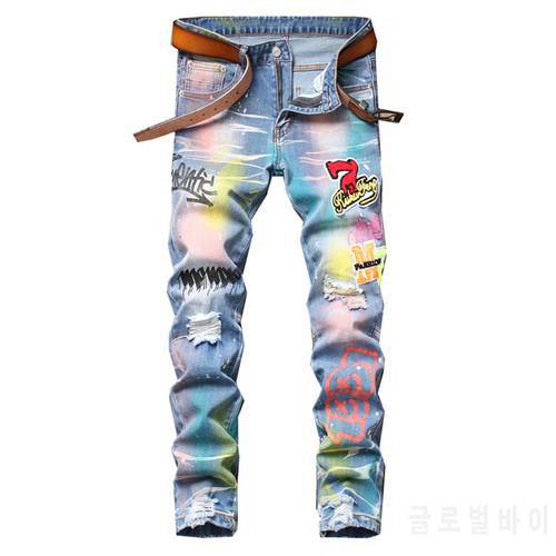 Men&39s Colored Painted Printed Denim Jeans Fashion Y2K Badge Holes Ripped Pants Patchwork Stretch Trousers