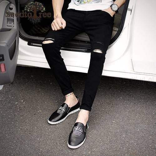 Solid Color Hole Casual Men&39s Jeans Small Feet Slim Men&39s Denim Trousers Ankle Length Pants