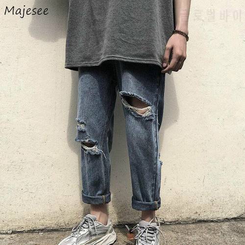 Men Jeans Solid Chic Harajuku Denim Straight Holes Trousers Mens Korean Style Leisure Streetwear BF All-match Ins Loose Teens