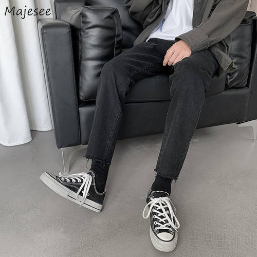 Men Jeans Black Denim Ankle-length Vintage Fur-line Harajuku Ins Punk Straight Trousers Casual Cool Simple Cowboy Slim Trendy