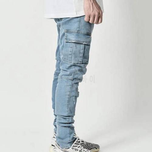 70% DropshippingMulti-pocket Men&39s Jeans Solid Color Denim Mid-rise Stretch Skinny Denim Trousers Male Clothing