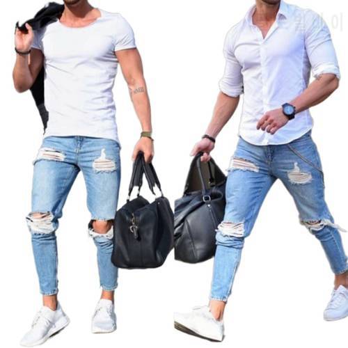 Ripped Jeans Men Fashion Destroyed Frayed Denim Pencil Pants Homme Casual Knee Hole Skinny Distressed Jeans Pantalon Streetwear