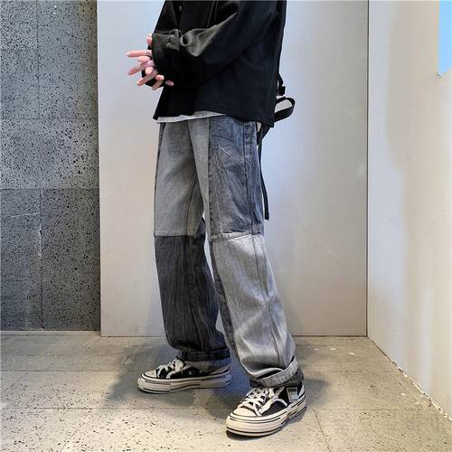 Korean Style Fashion Men&39s Denim Wide-leg Pants 2021 New Autumn Loose Straight-leg Jeans Paneled Denim Trousers Male