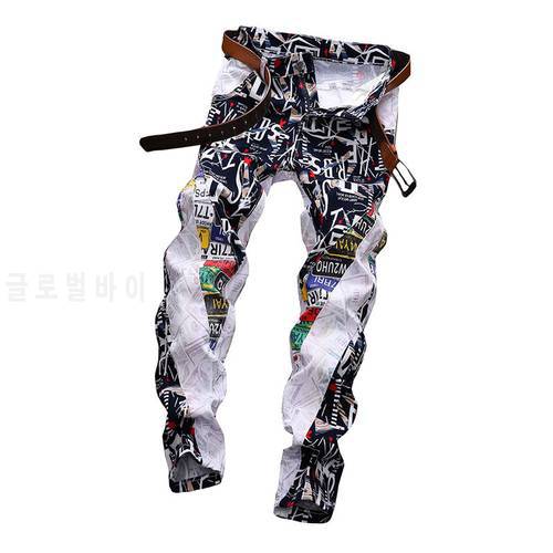 2021 New European American Men Colored Jeans Spring Alphabet Digital Printing Pants Men&39s Slim Fashion Stretch Casual Trousers