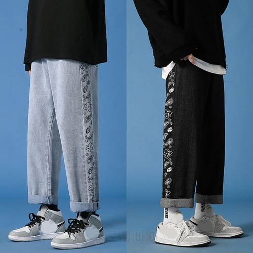 Autumn Bandana Patchwork Jeans Men Oversized Straight Hip Hop Pants Male Wide Leg Trousers Baggy Streetwear 2023 Spring Clothes