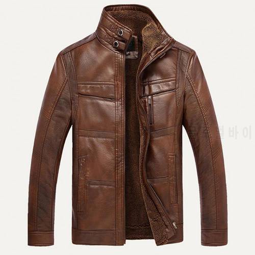 Men Jacket Long Sleeve Stand Collar Faux Leather Fleece Lined Zip Warm Short Jacket Men Clothing Brown 3XL мужская куртка 2021