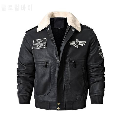 Men&39s Bomber Motorcycle Leather Jacket Vintage Brown Military Flight Coat Winter Fleece Faux Leather Pigskin Plus Size Jaqueta