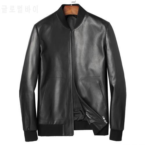 Brief Natural Sheep Skin Leather Jacket Men Casual Zipper Outwear Gentleman Genuine Black Real Leather Fashion Black Jacket 4XL