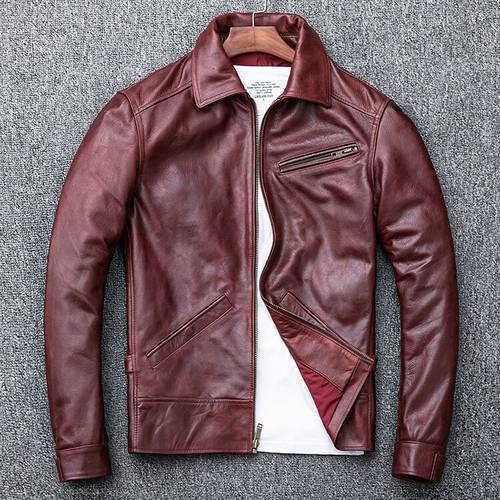 Free shipping.plus size mens vintage style leather jacket.Oil wax cow skin coat.autumn warm brown classic outwear.quality