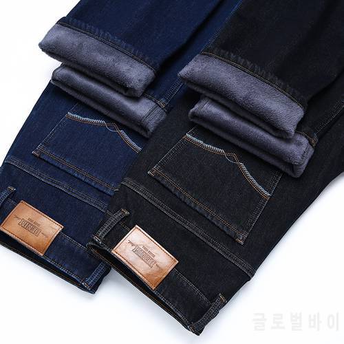 Winter New Men&39S Classic Brand Fleece Jeans Business Straight Stretch Soft Denim Trousers Male Plus Velvet Thick Warm Slim Pants