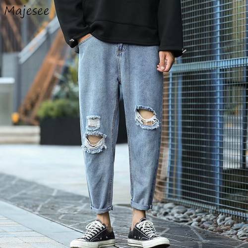Jeans Men Solid Ankle-length Ripped Denim Trousers Holes Harem Bottom Harajuku Fashion Streetwear High Street Loose Casual Retro