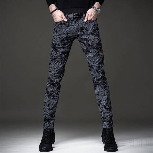 European summer jeans men&39s slim feet personality graffiti printing black casual long pants men trouser