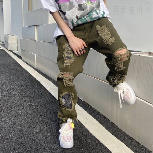 Streetwear Women and Mens Knife Ripped Jeans Embroidered Straight Loose Wide Leg Pants Hip Hop Cool Beggar Trousers Harem Pants