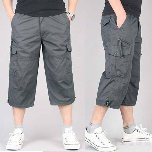3XL Men Solid Color Breathable Pocket Loose Straight Capri Cropped Pants Trousers