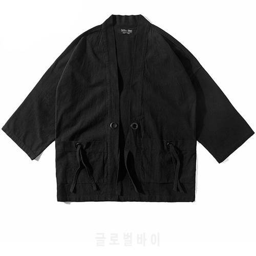 LACIBLE Thin Kimono Cardigan Jacket Coat Man Japanese Style Retro Windbreaker Men Loose Mid Sleeve Black Trench Casual Cotton