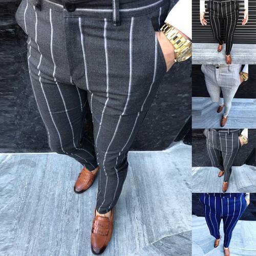 Fashion Men Casual Business Pants Slim Fit Striped Print Zipper Long Pants Cotton Midweight Full Length Pencil Pants Trousers