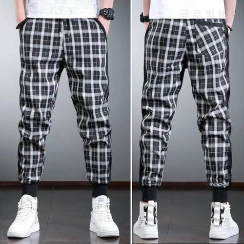 Tide Casual Pants Men 2021 Summer Skinny Trousers Plaid Printing Street Style Korean Pocket Sweatpants Pantalons Pour Hommes