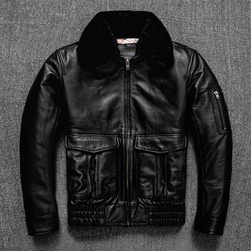 YRFree shipping.Classic US G1 style men genuine leather jacket.black plus size cowhide coat.top gun warm cotton leather cloth
