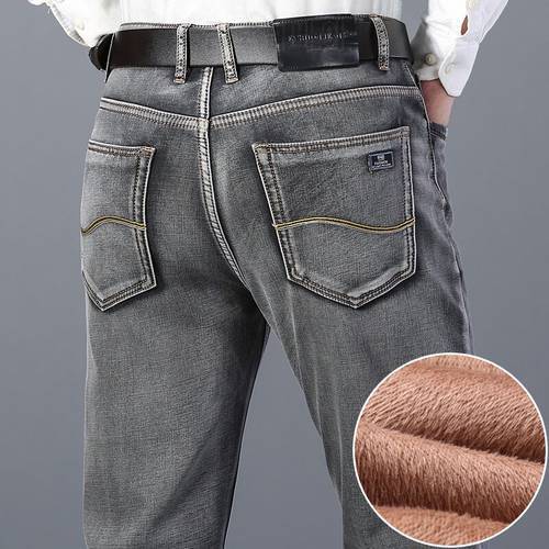 Winter Men&39s Warm Thick Gray Jeans Business Fashion Regular Fit Denim Trousers Fleece Stretch Pants Male Brand High Quality
