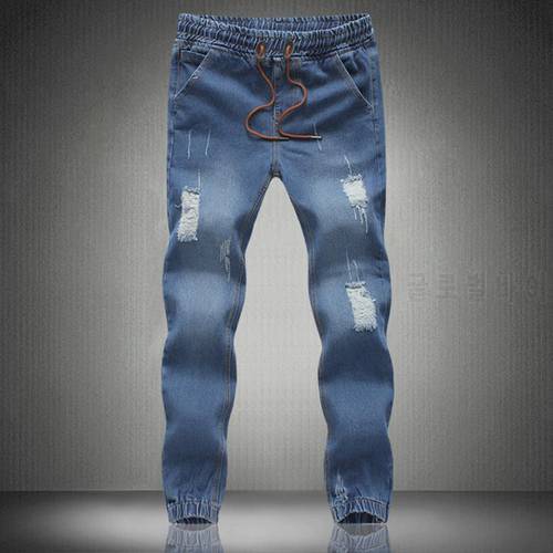 Men Jeans Hole Pocket Long Men Ripped Skinny Jeans Blue Pencil Drawstring pocket Sweatpants Streetwear 2021 джинсы