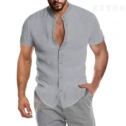 Short Sleeve Beach Shirt Stand Collar Breathable Solid Color V Neck Pockets Men Shirt for Beach