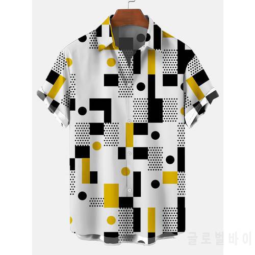 2021 New Summer 2 Horizontal Pattern Series Digital Printing Trend Loose Short-sleeved Shirt Men&39s Top