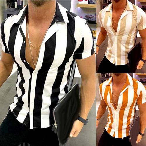New Casual Business Shirts Men Turn Down Collar Short Sleeve Vertical Stripes Button Slim Shirt Fashion Men&39s Tops Male Clothing