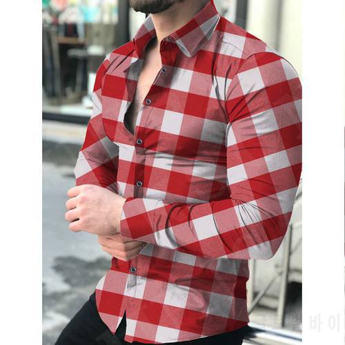 New Mens Plaid Print Shirt Fashion Checkered Cross Matching Shirts Causal Button Long Sleeve Slim Fit Shirt Tops Blouse