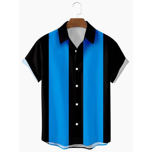 2021 New Summer Dark Blue Stripes 3D Digital Printing Trend Loose Short-sleeved Shirt Men&39s Top