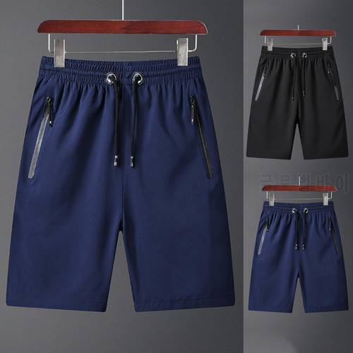 2022 Summer Men Shorts Solid Color Zipper Pockets Drawstring Quick Dry Knee-length Shorts Short Pants for Outdoor Fitness Sports
