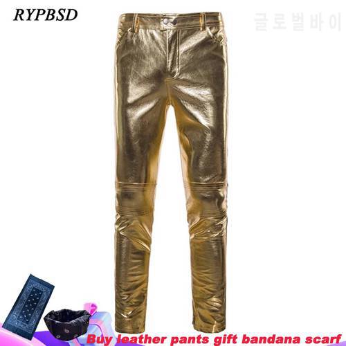 Fashion Skinny Leather Pants Men Brand Slim Fit Shiny Gold Silver Streetwear Stage Pants for Singers Zipper PU Leather Trousers