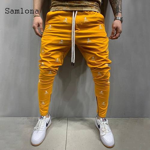 Samlona Casual Pants Men Fashion Lace-up Pant Male 2022 Halloween Skull Printed Pants Streetwear Mens Leisure Pencil Trousers