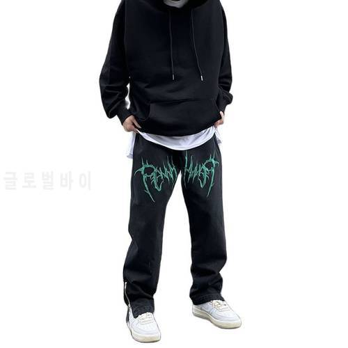 Men Y2K Street Dance Hiphop Jeans Fashion Embroidery Black Loose Board Denim Pants Overall Male Rap Jeans Plus Size Side Zipper