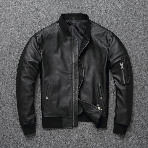 Free shipping.Ma-1 Classic casual cheap genuine leather jacket.men black slim bomber style cowhide coat,Plus size.sales