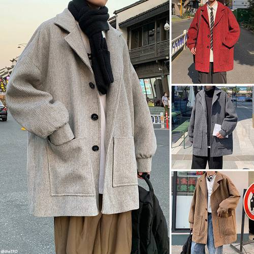 Autumn Short Woolen Coat Mens Fashion Multicolor Casual Pocket Woolen Jacket Men Korean Loose Oversize Woolen Coat Mens Overcoat