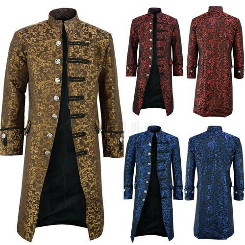 Halloween Victorian Men Jacquard Weave Stand Collar Long Sleeve Coat Outwear Jacket Loose Casual Windbreaker Coat Windbreaker