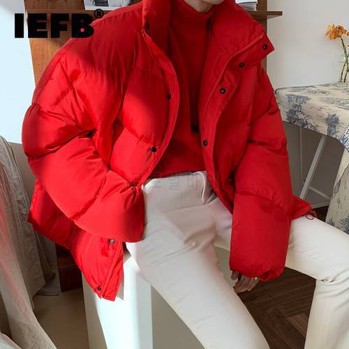 IEFB Red Coats Men&39s Loose Oversized Cotton Jacket Winter Coat Korean Trend Stand Collar Short Padded Jackets New 9Y9416