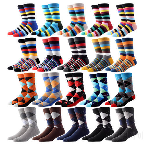 5-10 Pairs Mens Socks Casual Gentleman Color Puzzle Happy INS Style Stripe Business Funny Party Dress Cotton Sock Christmas Gift