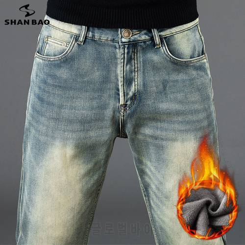 SHAN BAO Men&39s Winter Warm Jeans Fleece Thick and Warm Personality Trend Retro Distressed Youth Fashion Straight Denim Jeans