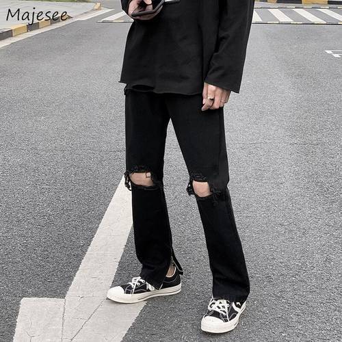 Jeans Men Design Hole Ripped Jean Black Side-silt Harajuku Streetwear Ankle-length Straight Denim Trousers Hip Hop Ulzzang Teens