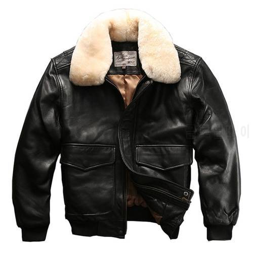 Men&39s Genuine Leather Jacket Top Layer Sheepskin Large Wool Collar Leather Jacket Warm Flight Suit Genuine Leather Coat