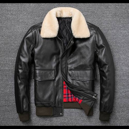 Plus Size Bust 140cm Bomber Men Genuine Leather Jacket Natural Fur Collar Classic Casual G1 Real Cowhide Mens Coat Winter Warm