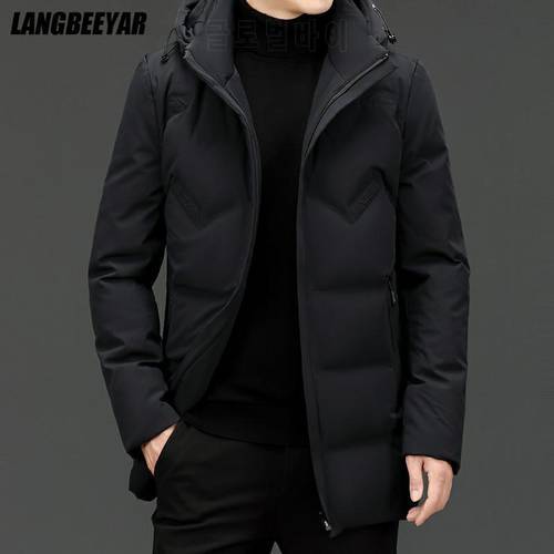 High End New Brand Casual Fashion Long 90% Mens Duck Down Jacket With Hood Black Windbreaker Puffer Coats Winter Mens Clothes