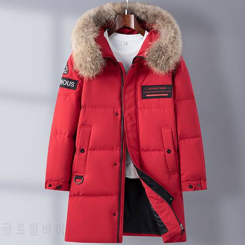 2021 New Winter Embroidery Thicken Long Down Jacket men Hooded Warm Parka 90% White Duck Down Real Fur Collar Male Coat