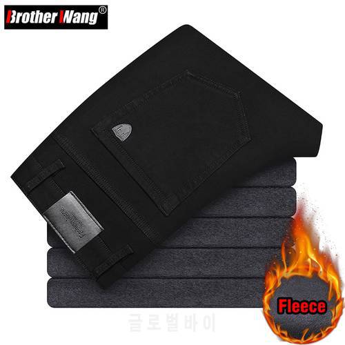 Brother Wang Winter Men&39s Fleece Black Jeans Business Casual Thicken Warm Regular Fit Stretch Denim Straight Trousers Male Brand