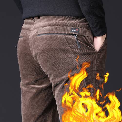 Men&39s Winter Pants Thick Cotton Fleece Warm Zipper Pocket Black Brown Pants Male Straight Trousers Stretch Casual Corduroy Pants